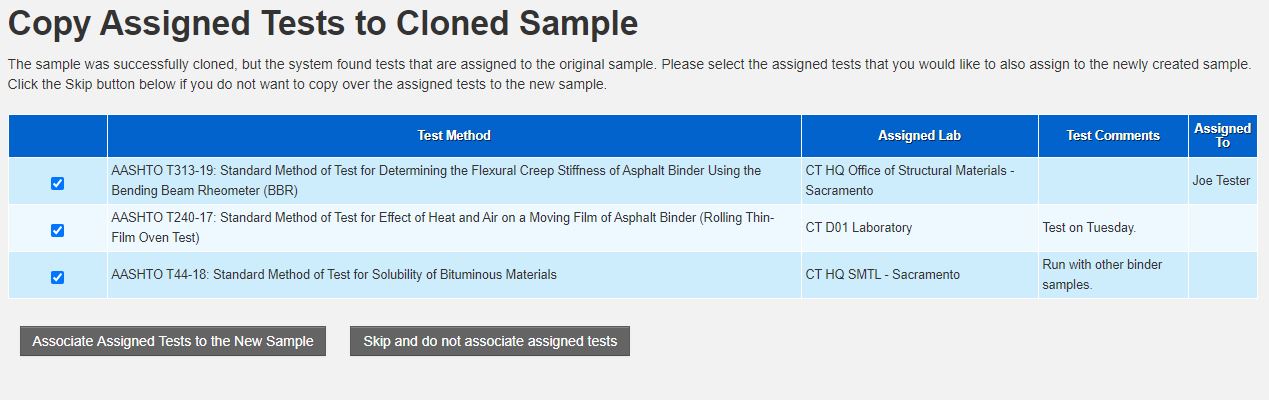 Copy Assigned Tests to Cloned Sample